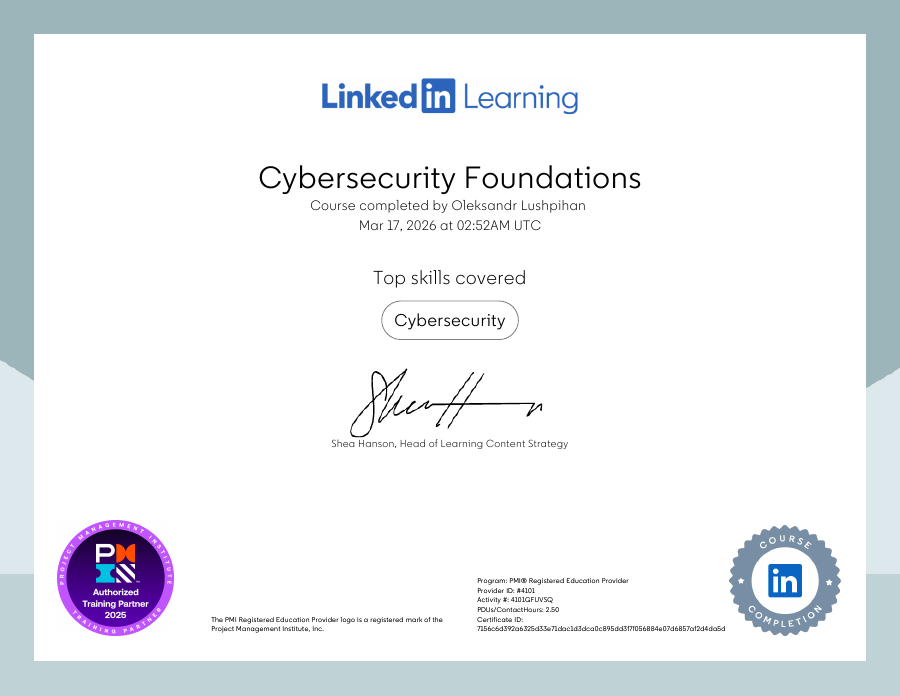 Cybersecurity Foundations certificate preview
