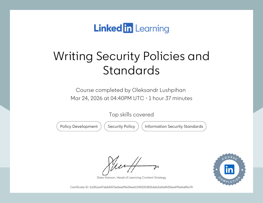 Writing Security Policies and Standards certificate preview